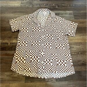 Self Esteem Check Short Sleeve Button-Up Shirt Brown/White Rayon M